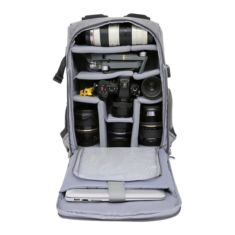 Grote camera-apparatuur rugzak met waterdichte regenhoes, geschikt voor 15,6-inch laptop en DSLR-camera's (donkergrijs)